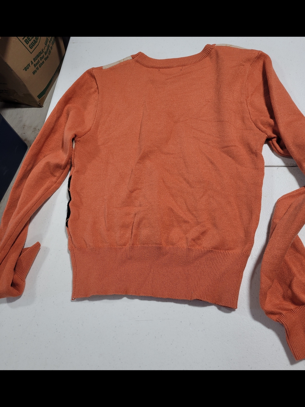 Love Tree Orange Argyle Crewneck Sweater with Black and Cream Diamonds - Picture 4 of 4